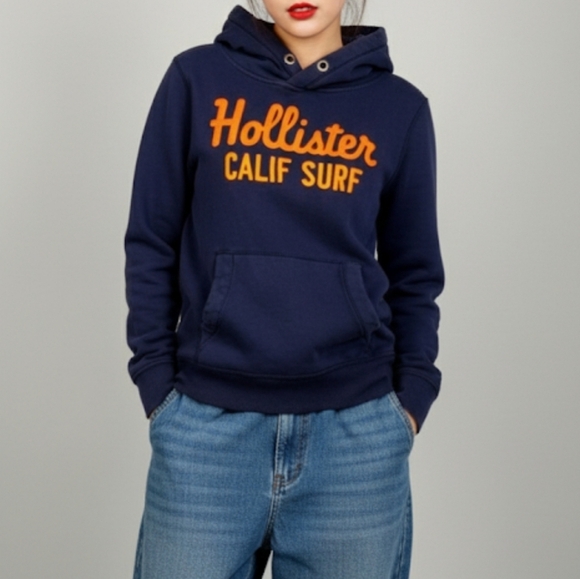 Hollister Y2K 2000s Blue Hoodie Hooded Sweatshirt Size S Puff Letter Spellout - Picture 1 of 14